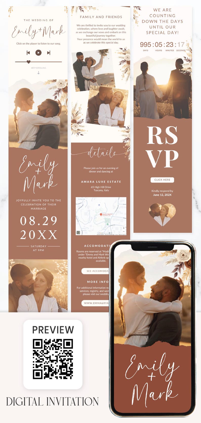 Boho Wedding Invitation Digital Rustic Wedding Invite Electronic Modern Boho