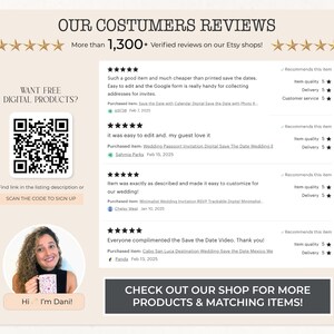 以下が含まれることがあります： Etsyショップの顧客レビューを表示するウェブページ。QRコード、「WANT FREE DIGITAL PRODUCTS?」のテキスト、女性の写真が含まれています。レビューは製品の品質と顧客サービスを強調しています。ショップはデジタル製品を提供しています。