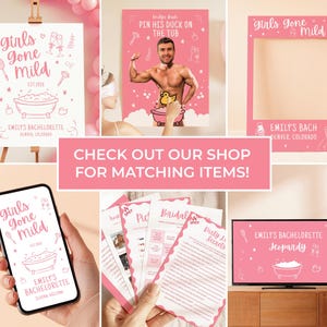 May include: A collection of pink bachelorette party decorations and games. Items include a photo booth frame, a sign on an easel, a phone displaying a design, and printed game sheets. The theme is "Girls Gone Mild."