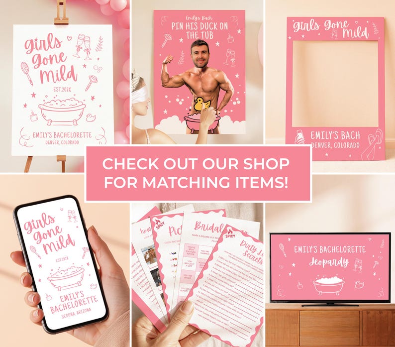 May include: A collection of pink bachelorette party decorations and games. Items include a photo booth frame, a sign on an easel, a phone displaying a design, and printed game sheets. The theme is "Girls Gone Mild."