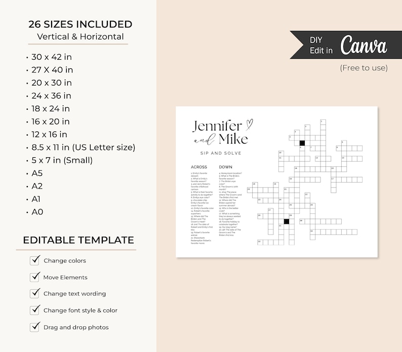 24 x 36 Wedding Crossword Sign Reception Game Wedding Canva