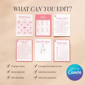 May include: A collection of pink and white bridal shower game cards, including "Bridal Bingo," "Purse," and "Pictionary." The image also includes a blue circle with the text "Edit in Canva" and editing options.