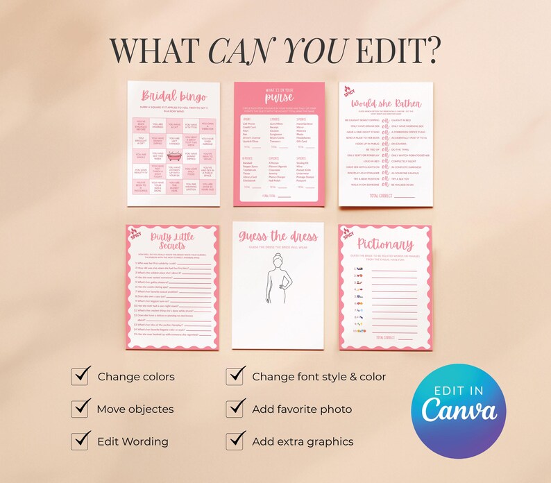 May include: A collection of pink and white bridal shower game cards, including "Bridal Bingo," "Purse," and "Pictionary." The image also includes a blue circle with the text "Edit in Canva" and editing options.