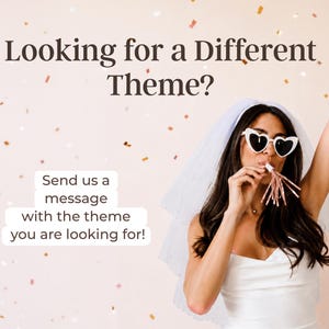 K&ouml;nnte beinhalten: Ein wei&szlig;er Brautschleier und herzf&ouml;rmige Sonnenbrillen, getragen von einer Person mit einer Partytr&ouml;te. Der Text lautet: Looking for a Different Theme? Send us a message with the theme you are looking for! Im Hintergrund ist Konfetti zu sehen.