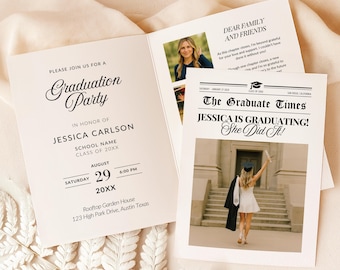 Newspaper Graduation Invite Class of 2025 Graduation Announcement Canva Template Graduation Newspaper Senior Grad Party Invitation Template