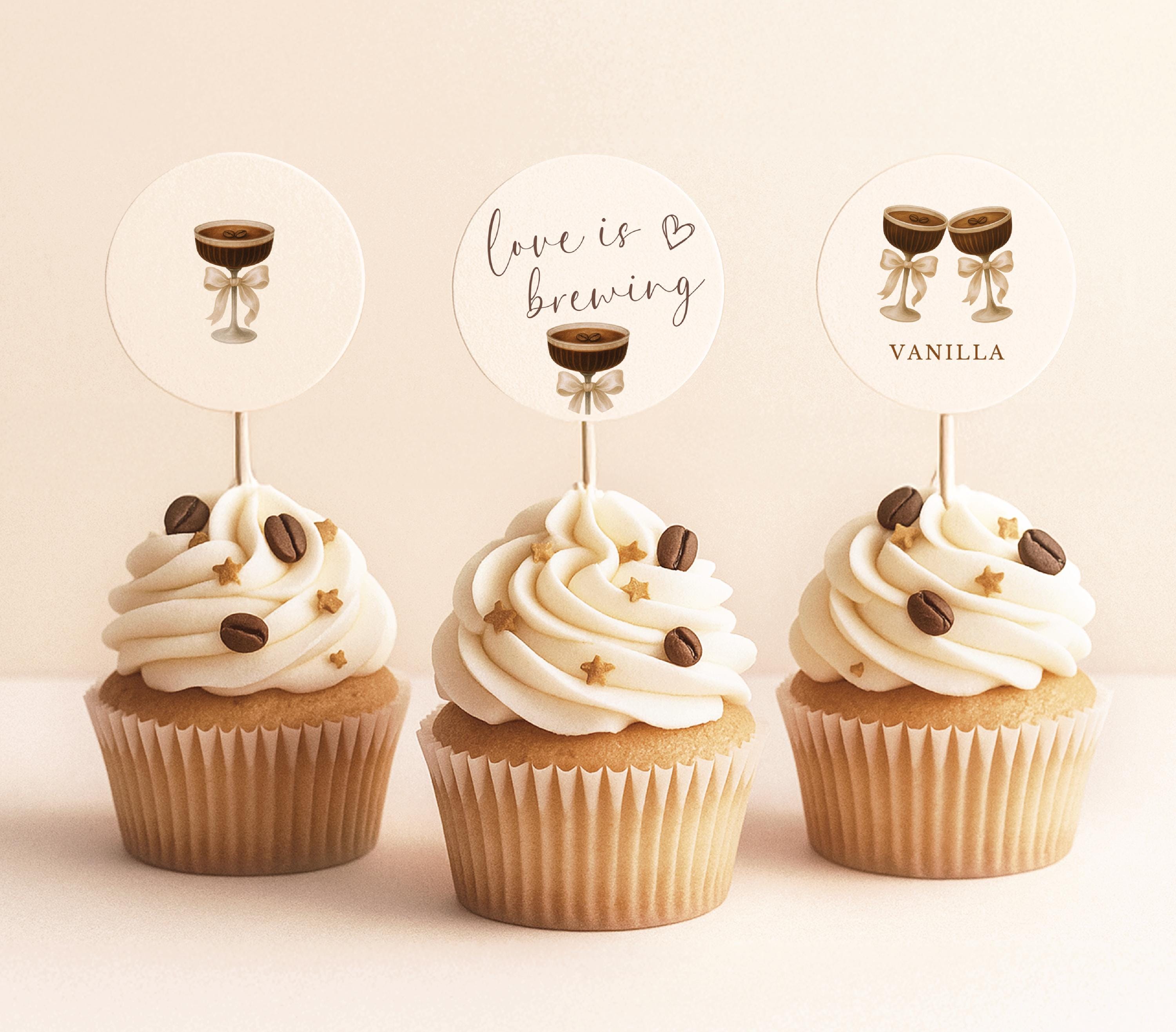 Love is Brewing Cupcake Topper Coffee Bridal Shower Cupcake Topper Bridal Dessert Table Decor Espresso Martini Tag Print Dessert Table Decor