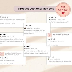 May include: Image of customer reviews for a product, featuring text and star ratings. The reviews are displayed in white rectangular boxes against a light background. The text includes phrases like "Ice Breaker game" and "hilarious game."