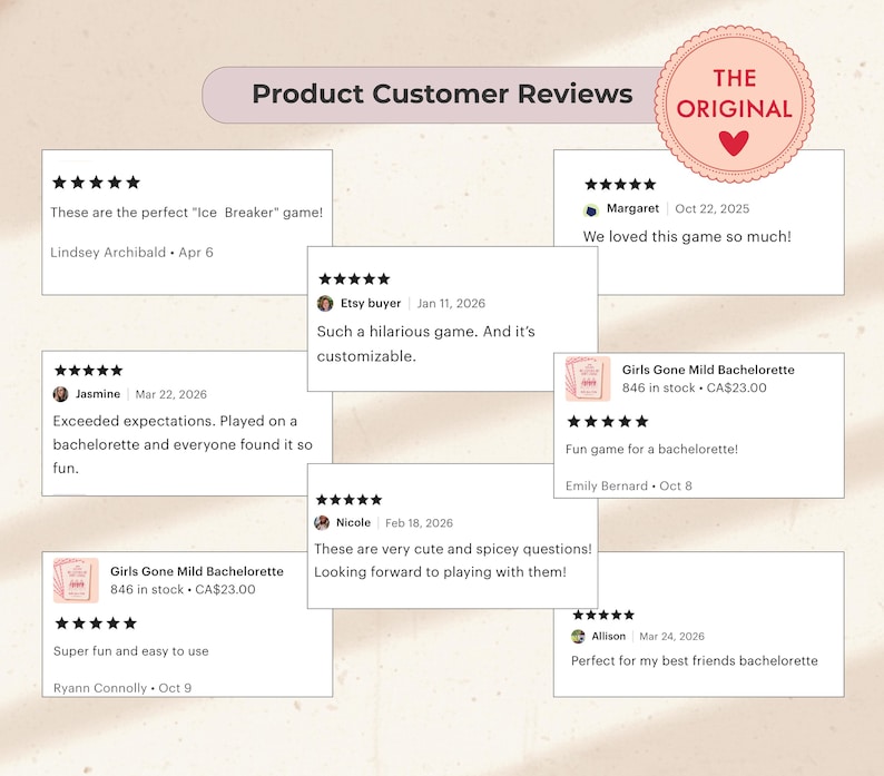 May include: Image of customer reviews for a product, featuring text and star ratings. The reviews are displayed in white rectangular boxes against a light background. The text includes phrases like "Ice Breaker game" and "hilarious game."