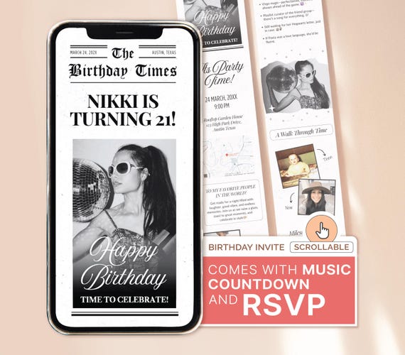NEWSPAPER Birthday Invitation Template Birthday 21st Birthday Invitation Announcement Newspaper Invitation Birthday Party 21 Birthday Invite