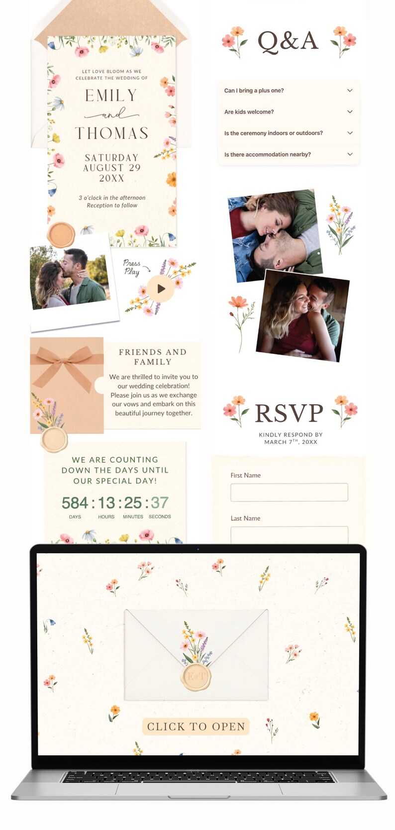 Pastel Floral Wedding Website RSVP Trackable Floral Wedding Template