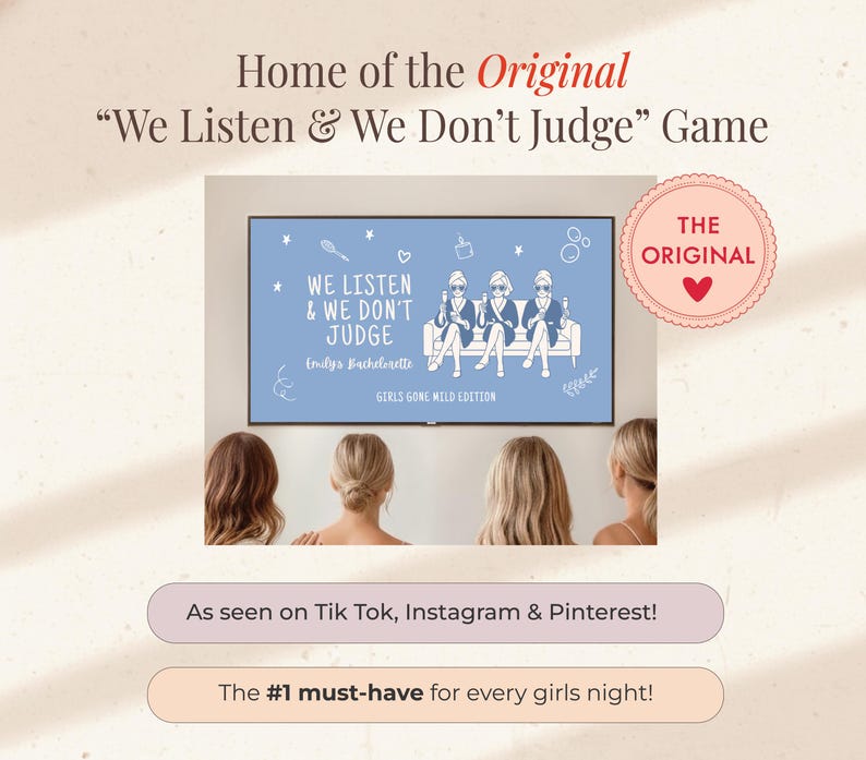 May include: A light blue screen displays the text "We Listen & We Don't Judge" with illustrations of women. The words "Home of the Original" and "The Original" are also visible. The image is advertised on social media.