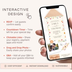 K&ouml;nnte beinhalten: Ein Smartphone zeigt eine Hochzeitseinladung mit floralen Akzenten. Die Einladung enth&auml;lt die Namen "Emily and Thomas" und das Datum "August 29 20XX." Der Text auf dem Bildschirm hebt interaktive Funktionen wie RSVP und Foto hervor.