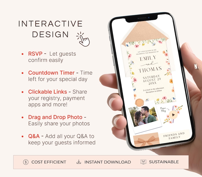 K&ouml;nnte beinhalten: Ein Smartphone zeigt eine Hochzeitseinladung mit floralen Akzenten. Die Einladung enth&auml;lt die Namen "Emily and Thomas" und das Datum "August 29 20XX." Der Text auf dem Bildschirm hebt interaktive Funktionen wie RSVP und Foto hervor.