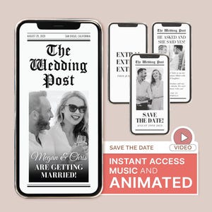 Może przedstawiać: Czarno-białe ogłoszenie o ślubie w stylu gazety z informacją o terminie ślubu. Ogłoszenie zawiera zdjęcie pary i tekst "The Wedding Post", "Megan & Chris are getting married!" oraz "Save the Date! August 29th, 2023".