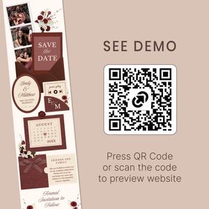 May include: A wedding invitation design with a burgundy and cream color scheme. The design includes photos, text, and a calendar for August 20XX. The text includes "Save the Date", "Emily & Matthew", and "Formal Invitation to Follow". A QR code is also present with the text "See Demo".