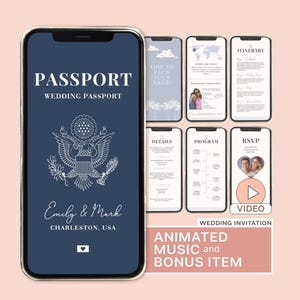May include: A digital wedding passport invitation displayed on a smartphone screen with a dark blue background, white eagle emblem, and the text Passport Wedding Passport, Emily & Mark, Charleston, USA. Additional screens show itinerary, details, and RSVP.