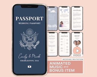 Puede incluir: Una invitación de boda digital tipo pasaporte en la pantalla de un teléfono con fondo azul oscuro, emblema de águila blanca y el texto Passport Wedding Passport, Emily & Mark, Charleston, USA. Otras pantallas muestran el itinerario y RSVP.
