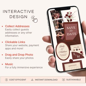 May include: A smartphone displays a digital wedding invitation with photos, text, and design elements. The invitation includes the text "Save the Date," the names "Emily & Matthew," and the month of August. The design is in shades of burgundy and cream.