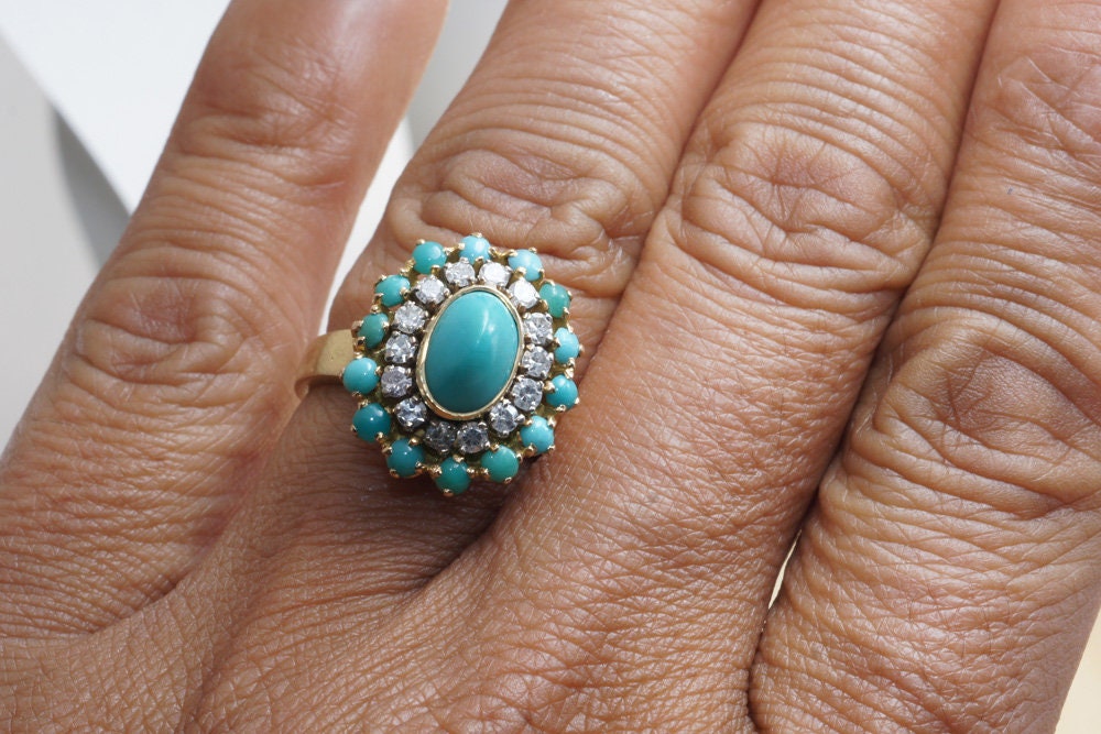 Turquoise Diamond Ring | 18k Yellow Gold Art Deco | Single