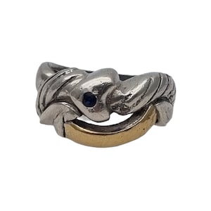 Vintage silver and 18k gold designer ring, blue stone, original gifts, Circa 1990. 7 1/2 US. Antique and vintage jewelry.