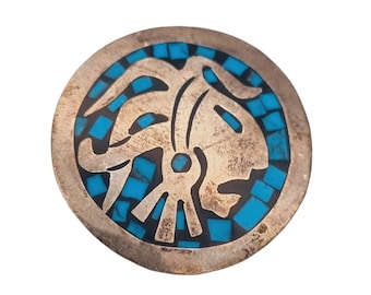 Spilla guerriero azteco, ciondolo in argento sterling, mosaico blu turchese, Messico TR-138 925, regali vintage per collezionisti.