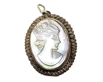 Cameo pendant vintage shell, mother pearl carved , 800 silver brooch, mid century jewellery for women, victorian brooch, antique jewelry.