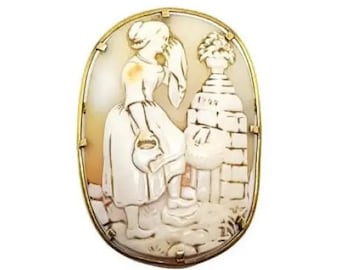 Rare Victorian 18k gold carved cameo brooch, unusual scene with woman and fountain, engraved 1844, unique jewelery for collectors, XIX.