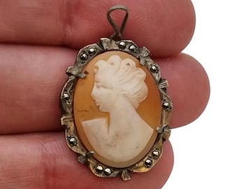 Carved shell cameo, Cameo pendant, Silver cameo pendant and carved shell decorated with marcasites, Antique & vintage jewelry.