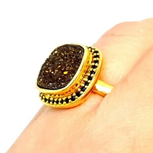 Vintage ring, Bronze druzy ring, and black spinel, 14k gold silver ring, Size 9 USA, 925 silver, gift ring. Antique & vintage jewelry.