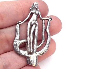 Art nouveau brooch, women  brooch, silver Art Noveau brooch. Lady, silver nymph. Circa 1970. Antique jewelry.