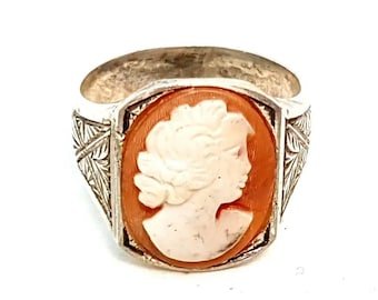 Victorian silver cameo ring for women, sterling silver, gifts for her, shell carved jewels, Antique and vintage jewelry.