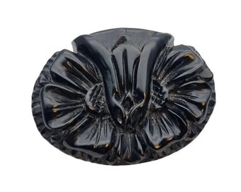 Vintage black bakelite brooch, floral carvings for the lapel or hat, Gifts for women, for collectors. Antique and vintage jewelry.