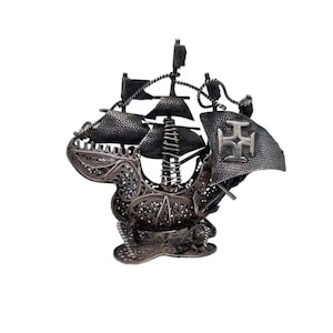 Silver filigree ship miniature, Old Portuguese ship, Vintage collectible figurine, Antique and vintage jewelry.