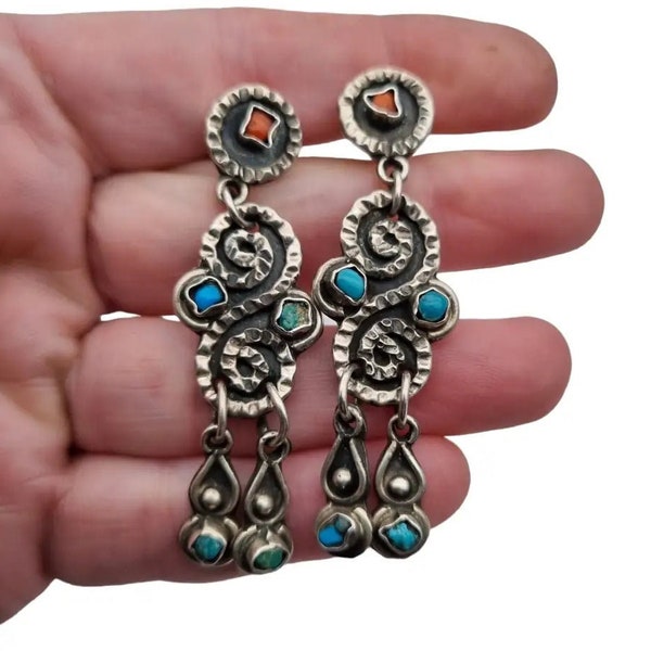Longues boucles d'oreilles mexicaines pour femme, argent sterling 925, corail rouge et turquoise bleu, style mat, cadeaux pour elle, bijoux anciens et vintage.