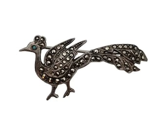 Broche Paon Oiseau Vintage Strass Bleu Argenté - État Excellent, Scintillante, Sans Marque
