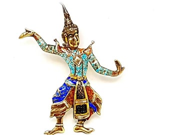 Silver brooch dancer enamels. Circa 1970. Antique and vintage jewelry.