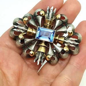 Art Déco Brooch.  Silver Art Deco pin. Art deco brooch silver, gold and aquamarine simile. 1930. Antique & vintage jewelry. Jewel gift.
