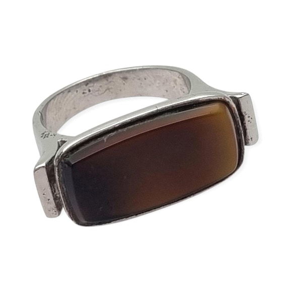 Vintage 915 silver ring with rectangular brown ca… - image 1