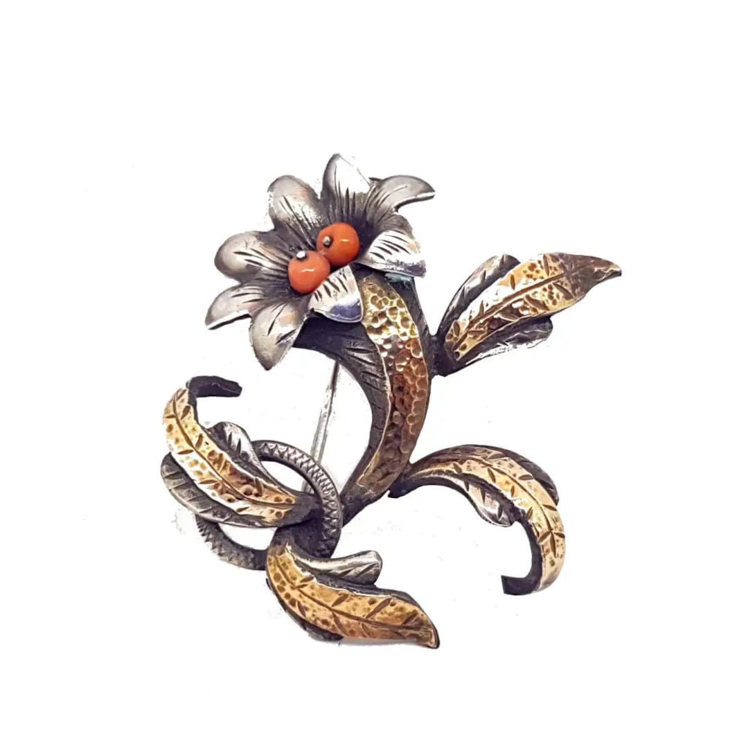 Broche Ancienne Art Déco Vers 1925 - Corail Rouge Et FIX - Bijou Vintage - Occasion