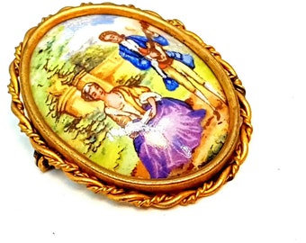 Belle Broche Vintage Ronde En Or Avec émail Cloisonné Pastel - Bijou Ancien Fantaisie Pour Femme