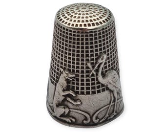 Antique solid silver thimble from the fable "The Fox and the Stork" by La Fontaine, circa 1920-30