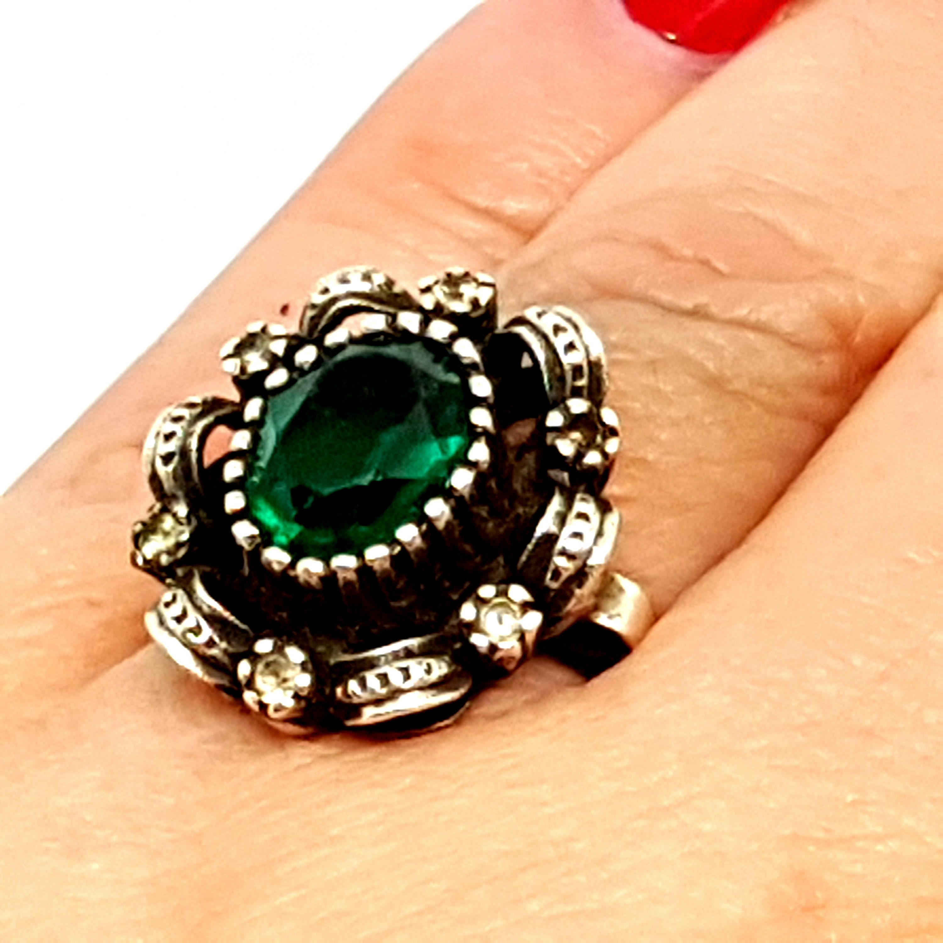 Art Deco Silver and Emerald Simile Ring. Circa 1950. Size 10 | Etsy