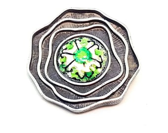 Silver and enamel brooch, green enamel. Circa 1970. Antique and vintage jewelry.