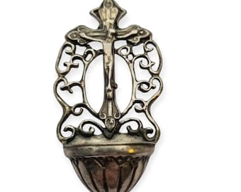 Silver holy water font with a crucifix, Portable devotional, 1940, retro religious gifts for collectors, Antique Christian accessories.