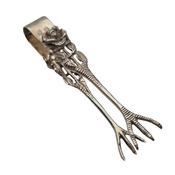 Petite pince à sucre en argent décorée de roses et de pattes de poulet, accessoire pour sucrier, accessoires de service de table, argent sterling, 1940.