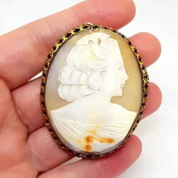 Broche Ancienne Camée Coquille Grèce Antique - Métal Pomponne, Doré, Occasion
