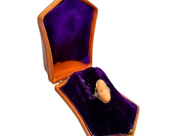 Coral diamond cameo ring in 14k gold with box for women, 1910 art nouveau jewelry, gifts for collectors, Antique and vintage jewelry.