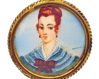 Victorian Miniature Hand Painted Lady Brooch Hand Painted Cameo Brooch, Hand Painting, Miniature Signed Anna Guyot. XIX. Jewel gift.