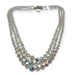 Vintage Aurora Borealis Faceted Crystal Beaded Necklace with Triple Row 1950s Style Rhinestone Clasp for Women, Retro Gifts for collectors.