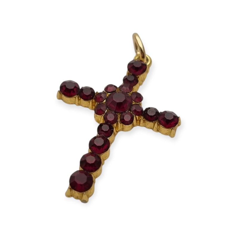 Vintage cross with garnet rhinestones and gold-tone metal religious style circa 1950 , Gifts for collectors, Antique and Vintage jewelry.